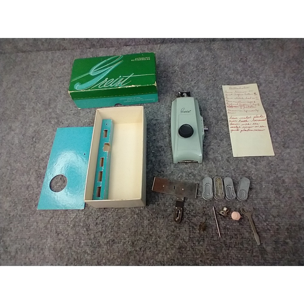 Greist Automatic Buttonholer Sewing Machine Attachment Vintage Green USA Boxed